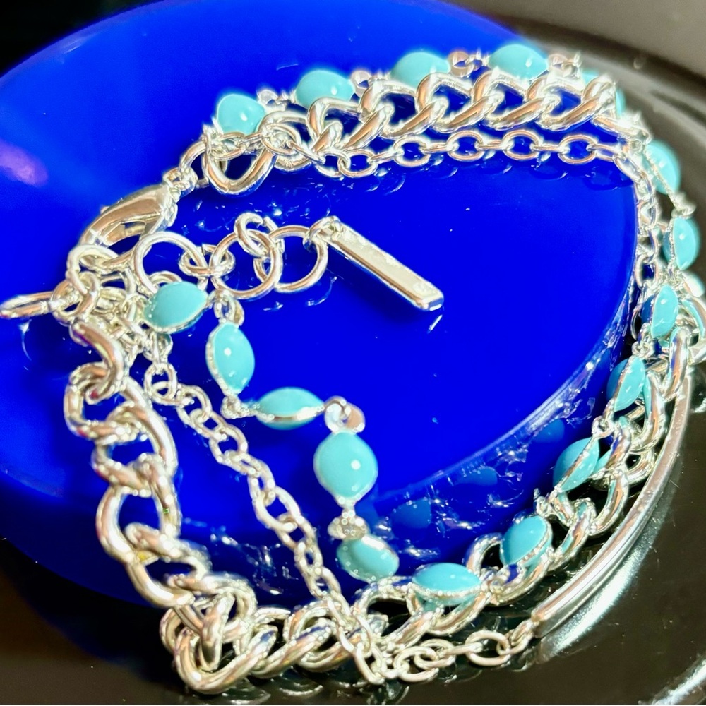 None West Signed Three Strand Silvertone Chain Bracelet Size 7 Turquoise Enamel
